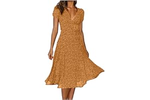 HUNENY Midi Dress for Women 2024 Summer Casual Floral Short Sleeve Smocked Midi Dresses Boho V Neck Beach Sun Dresses