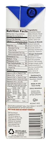 SILK SHELF-STABLE ALMONDMILK, UNSWEETENED VANILLA, DAIRY-FREE, VEGAN, NON-GMO PROJECT VERIFIED, 1 QUART