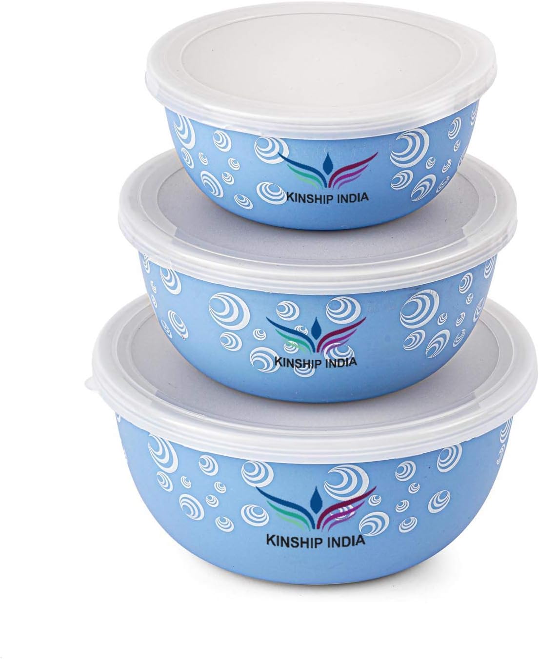 KINSHIP INDIA Microwave Safe Stainless Steel Plastic Coated Designer Euro Bowl Set of 3 (Capacity 450 ML 700 ML 1200 ML)-Blue Color