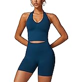 ABOCIW Workout Sets for Women 2 Piece Seamless Halter Cropped Tank Scrunch Butt Lifting High Waist Shorts Gym Sets