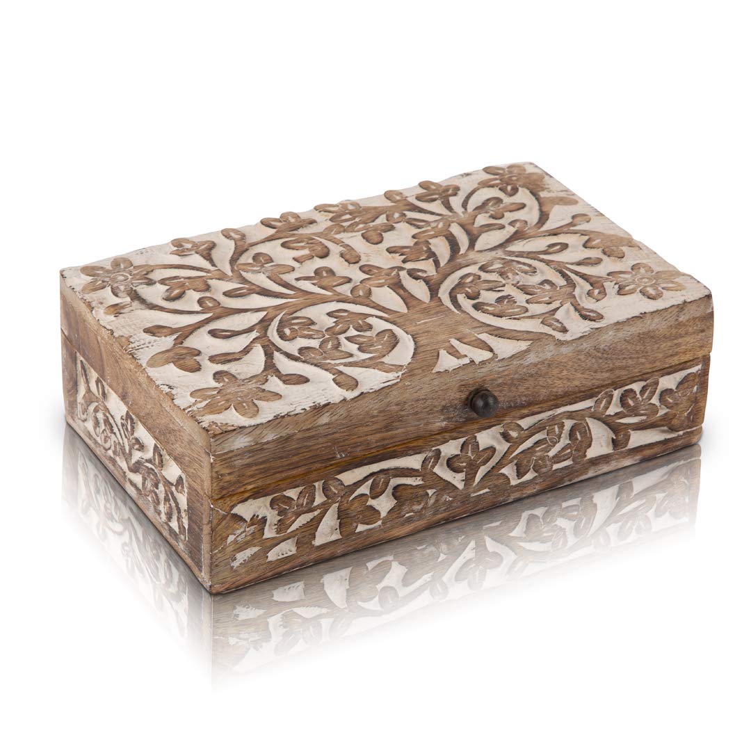 Great Birthday Gift Handmade Decorative Wooden Jewelry Keepsake Box Tree Of Life Carving Jewelry Organizer Treasure Chest Trinket Holder Watch Storage Lock Box Housewarming Gifts (White)