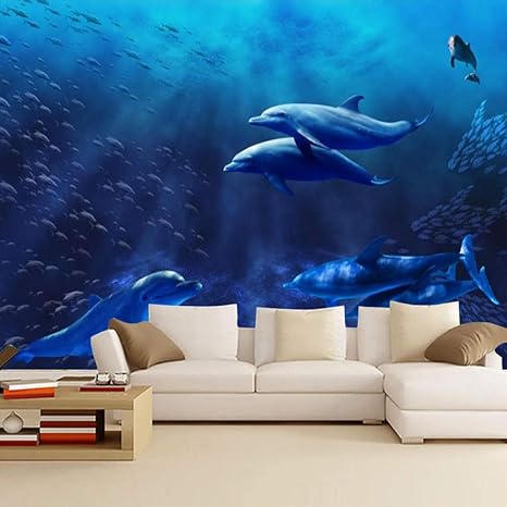 Blaues Meerthema Wandbild 3d Delphin Unterwasser Tiefseefisch Tapete