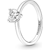 Pandora Sparkling Heart Solitaire Ring - Sterling Silver Ring for Women - Layering or Stackable Ring - Gift for Her - Sterling Silver with Clear Cubic Zirconia - Size 7.5, No Gift Box