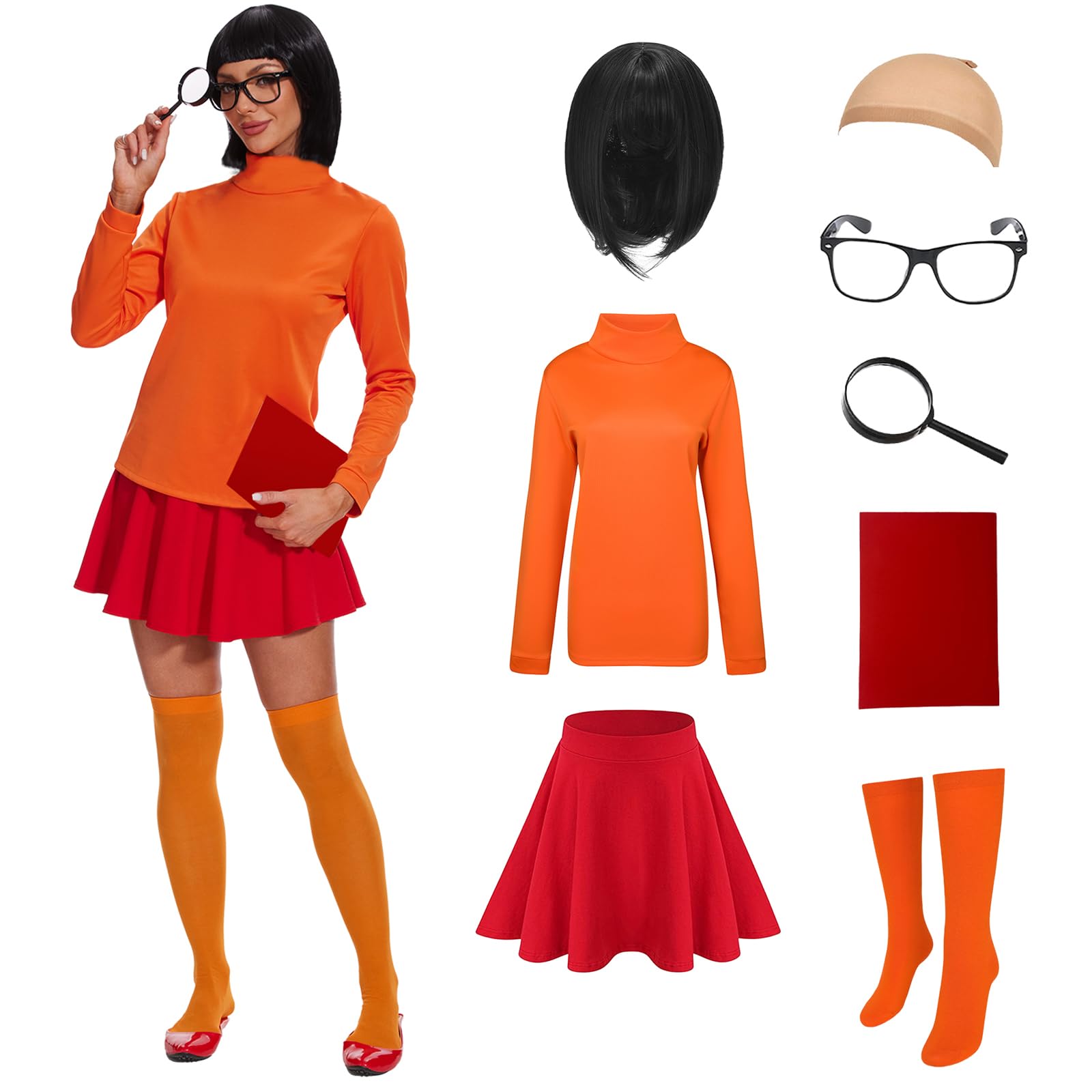 AJGEGJE Velma Costume for Women, Black Bob Wig, Long Sleeve Turtleneck Crop Top,Skater Skirt, Women Deluxe Classic Movie Characters Costume for Halloween Cosplay (XXL)