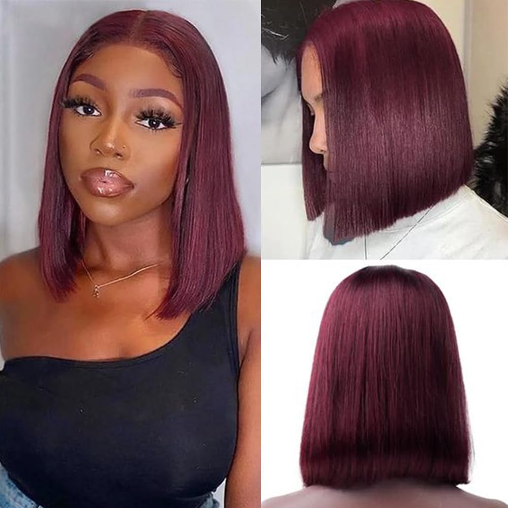 99J Straight Bob Wig 14Inch Human Hair 13X4 Transparent Lace Front Wigs Pre Plucked Burgundy Straight HD Lace Front Wig (99J bob wig, 14Inch) โ image 1