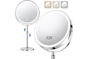 10x Large Lighted Makeup Mirror, Rechargeable 8" Height Adjustable Vanity Mirror, 1x/10x Magnifying Mirror with 3 Color, Brig