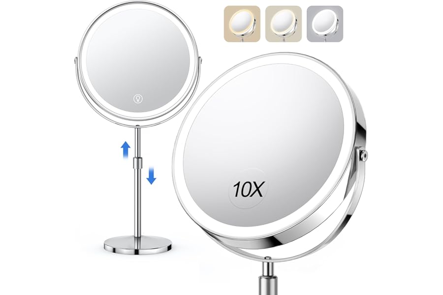 UBYMET Lighted Makeup Mirror, Rechargeable Height Adjustable Double Sided, 1x/10x Magnifying with 3 Color, Brightness Adjustable, 360° Rotation Vanity, Gift for Women