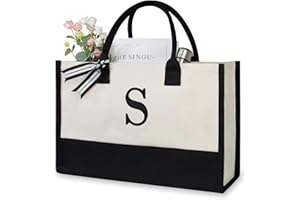 Personalized Initial Canvas Beach Bag, Monogrammed Gift Tote Bag for Women