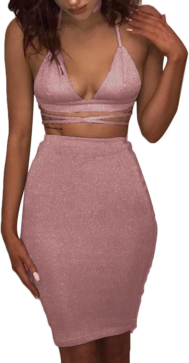 ioiom Women's Glitter V Neck Halter Backless Sleeveless Bandage Bodycon Midi Dress