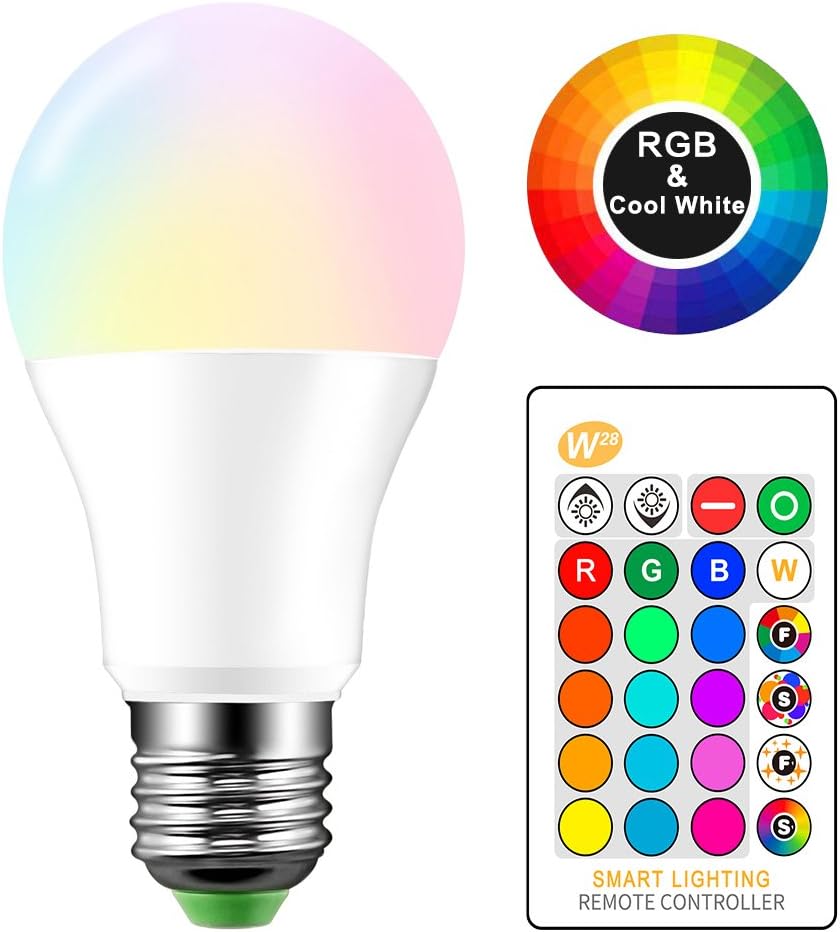 Konesky 10W E27 RGBW Multi Colour Changing Light Bulbs Dimmable Lights Led Party Light 16 Colors Cool White 6000K Edison Screw Remote Control Bulb