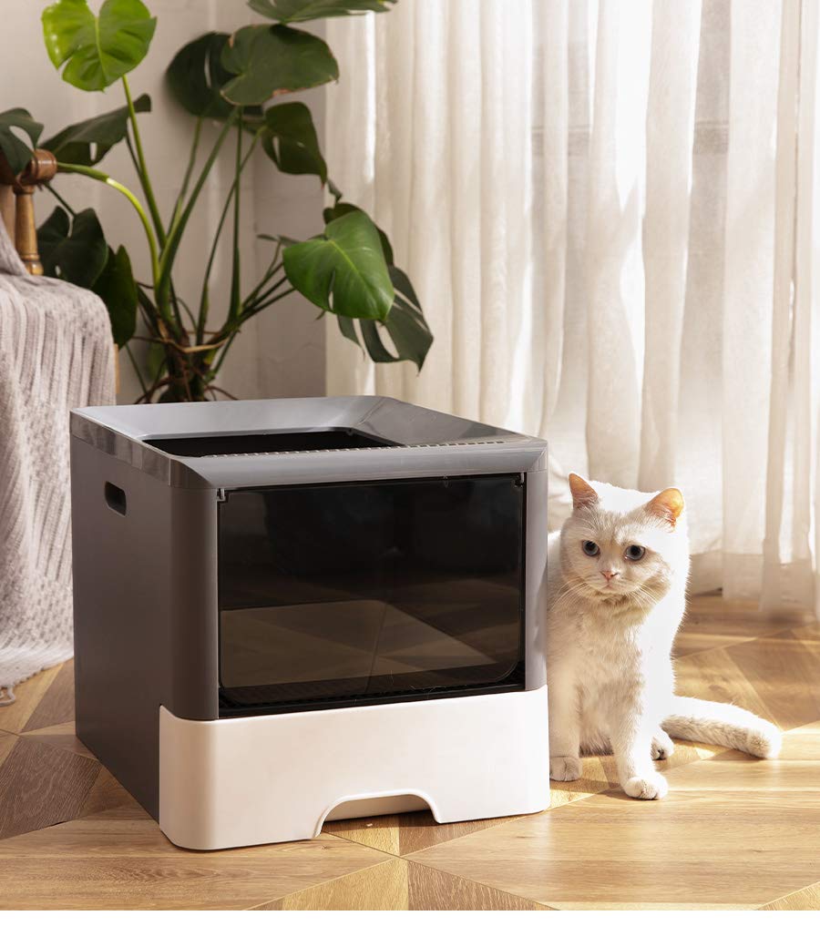 CATISM Cat Litter Box with Scoop Enclosure Litter Tray with Lid,Drawer,Hood,Double Door Top and Front Entrances Foldable Fully Enclosed Durable Cat Toilet Box with Tray Stainless Steel Hooks