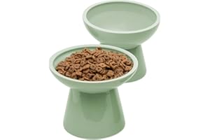 CEEFU 2 Elevated Ceramic Cat Bowls Extra Wide for Food & Water – Whisker Fatigue Shallow Food Dish, Lead & Cadmium-Free, Raised Height for Cats, Sage Green