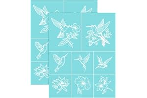 GOMAKERER 2 Sheets Hummingbird Silkscreen Stencil, Bird Flower Painting Stencils Templates Reusable Self-Adhesive Silk Screen Printing for Wall Border Wood Fabric Home Craft Decor