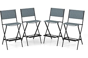 COSTWAY Outdoor Patio Bar Chair Set of 4, Folding Bar Height Stool with Metal Frame & Footrest, Patio Bar Stool for Balcony, Garden & Poolside (4, Blue)