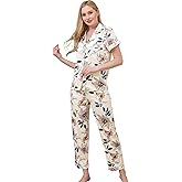 WJing Yi Jia Womens Pajamas Set XS-3XL Floral Silk Satin Pajama Sets Silky Pj Sets 2Pcs Loungewear Sleepwear Button Down Pjs
