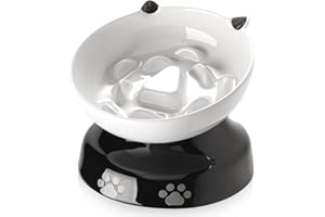 Y YHY Ceramic Cat Slow Feeder, Elevated Dog Food Bowl Tilted Design, Slow Feeder Bowl no Black Chin, Cat Shape for Dry and Wet Food