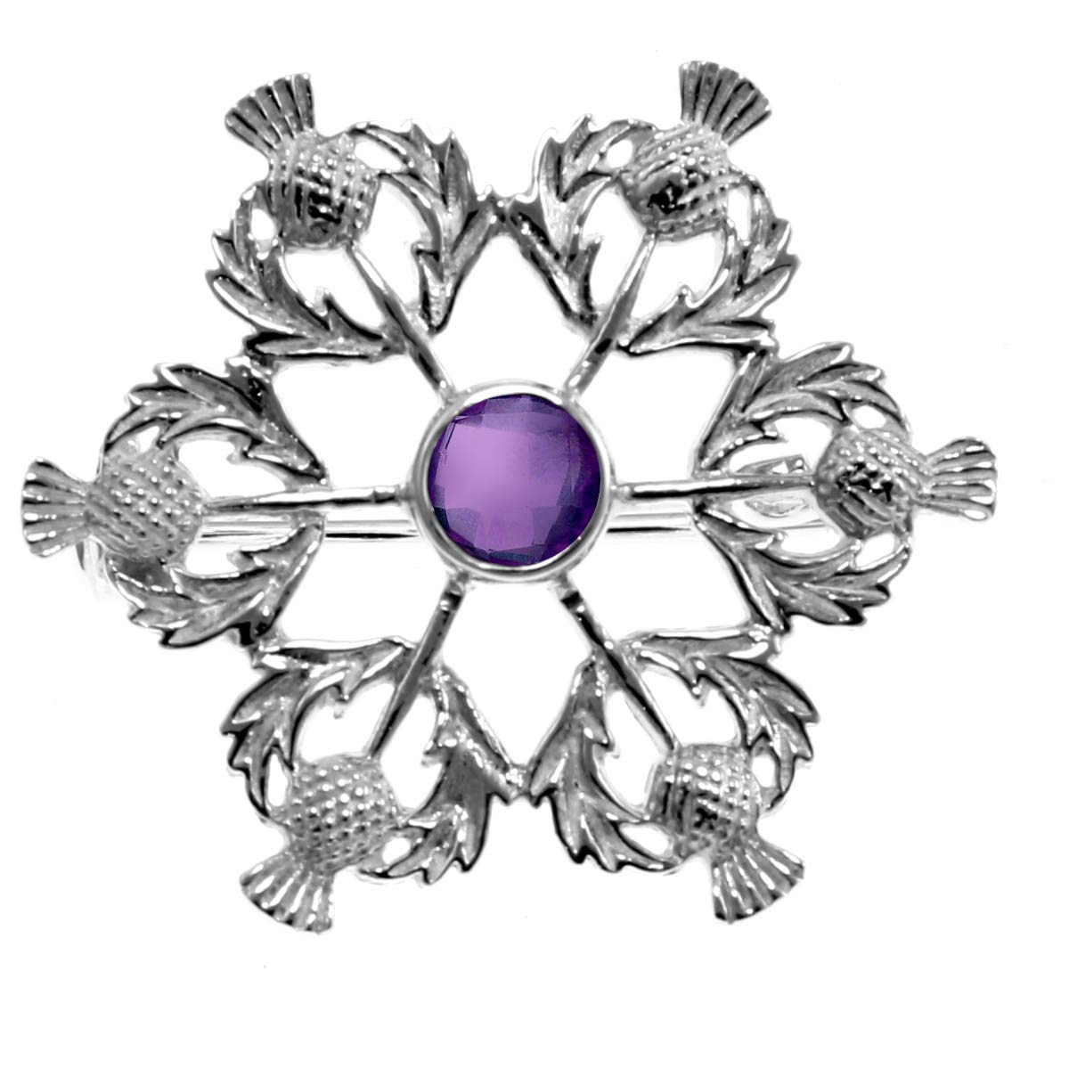 Alexander Castle Women's 925 Sterling Silver Scottish Thistle Brooch Pin with Real Amethyst Stone & Jewellery Gift Box - Scottish Gift for Women