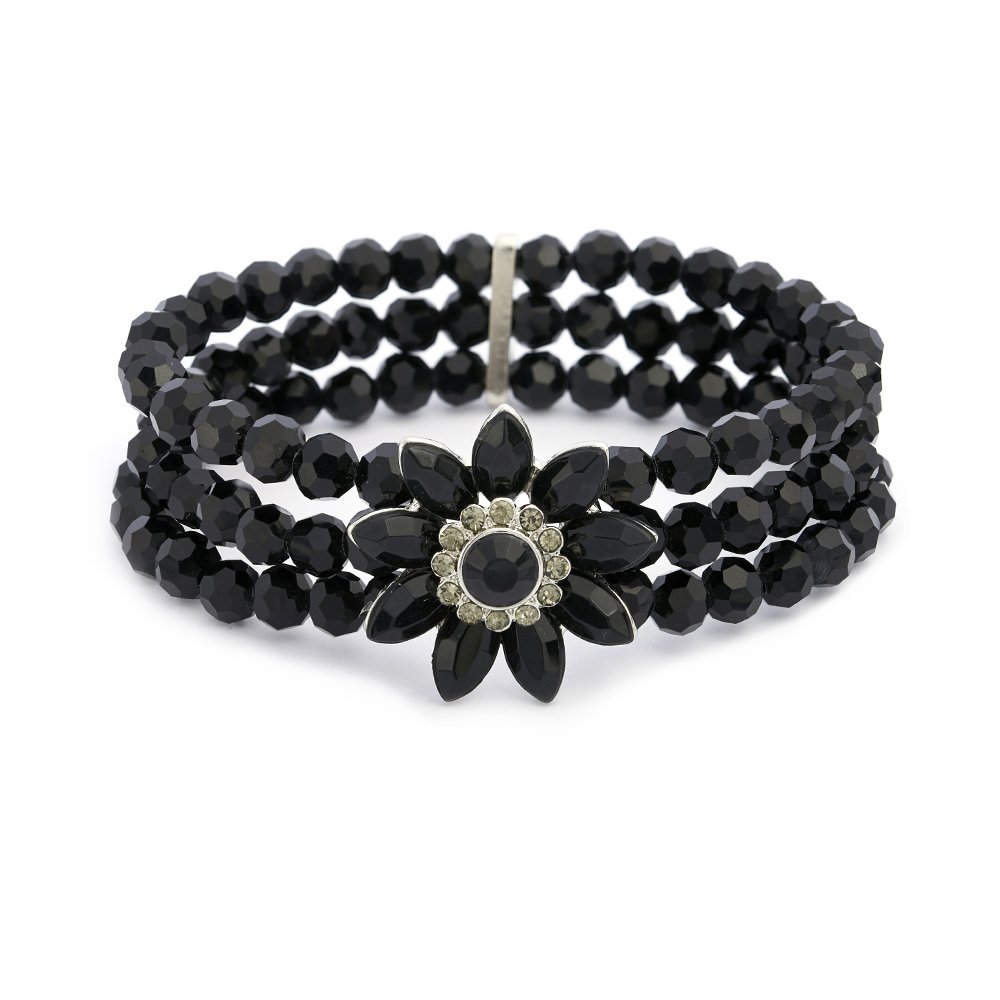Lovett & Co – Audrey Hepburn 3 Row Black Beaded Bracelet for Women with Glass Pearls, Nickel-Free Diamante Vintage Bracelet & Elegant Jewellery for Women