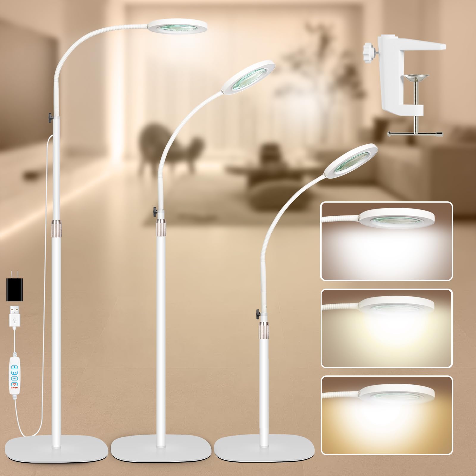 Photo 1 of HITTI 10X Magnifying Glass with Light and Clamp, Hands Free Magnifying Floor Lamp with Flexible Gooseneck, 3 Color Stepless Dimmable LED Lighted Magnifier Light Stand for Esthetician Craft Close Works