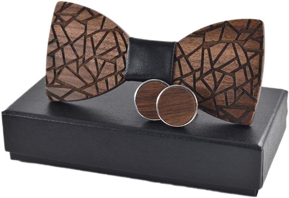 Men's Wooden Bow Tie with Box Handmade Wood Bowtie Handkerchiefs Cufflinks Set