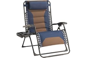 Foristrail Zero Gravity Chair Oversized Padded Recliner with Adjustable Headrest & Cup Holder - 600D Oxford Folding Lounge Chair for Outdoor Camping, Patio, Poolside (Brown & Blue)