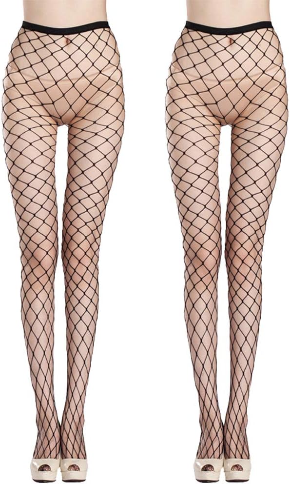 PUTON 2 Pack Women's Fishnet Thigh High Stockings with Silicone Lace Top