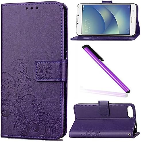 ASUS ZenFone 4 Max ZC554KL Case Cover EMAXELER Embossing Colour Stylish Kickstand Credit Cards Slot Cash Pockets PU Leather Flip Wallet for ASUS ZenFone 4 Max ZC554KL Clover Purple