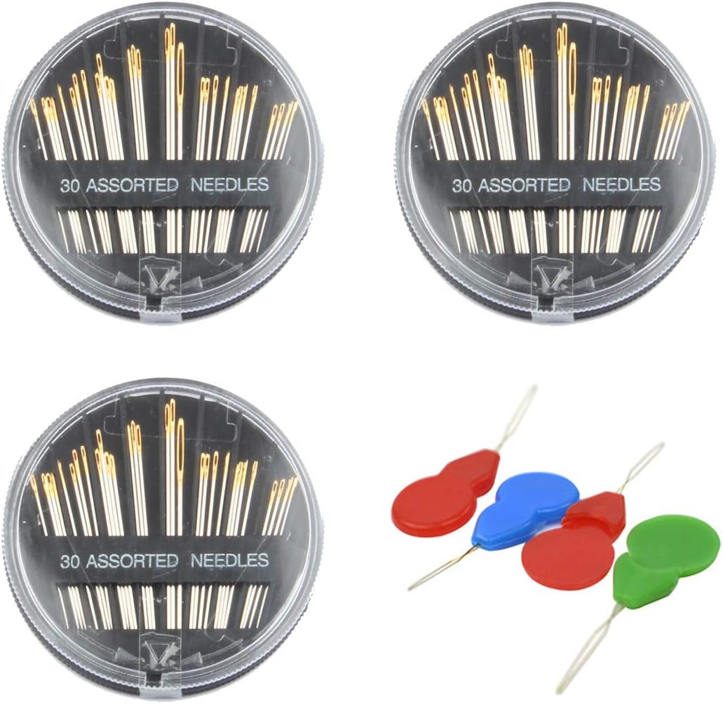 3 Pack 30-Count Assorted Hand Sewing Needles with 4 Pcs Needle Threaders for Sewing Repair