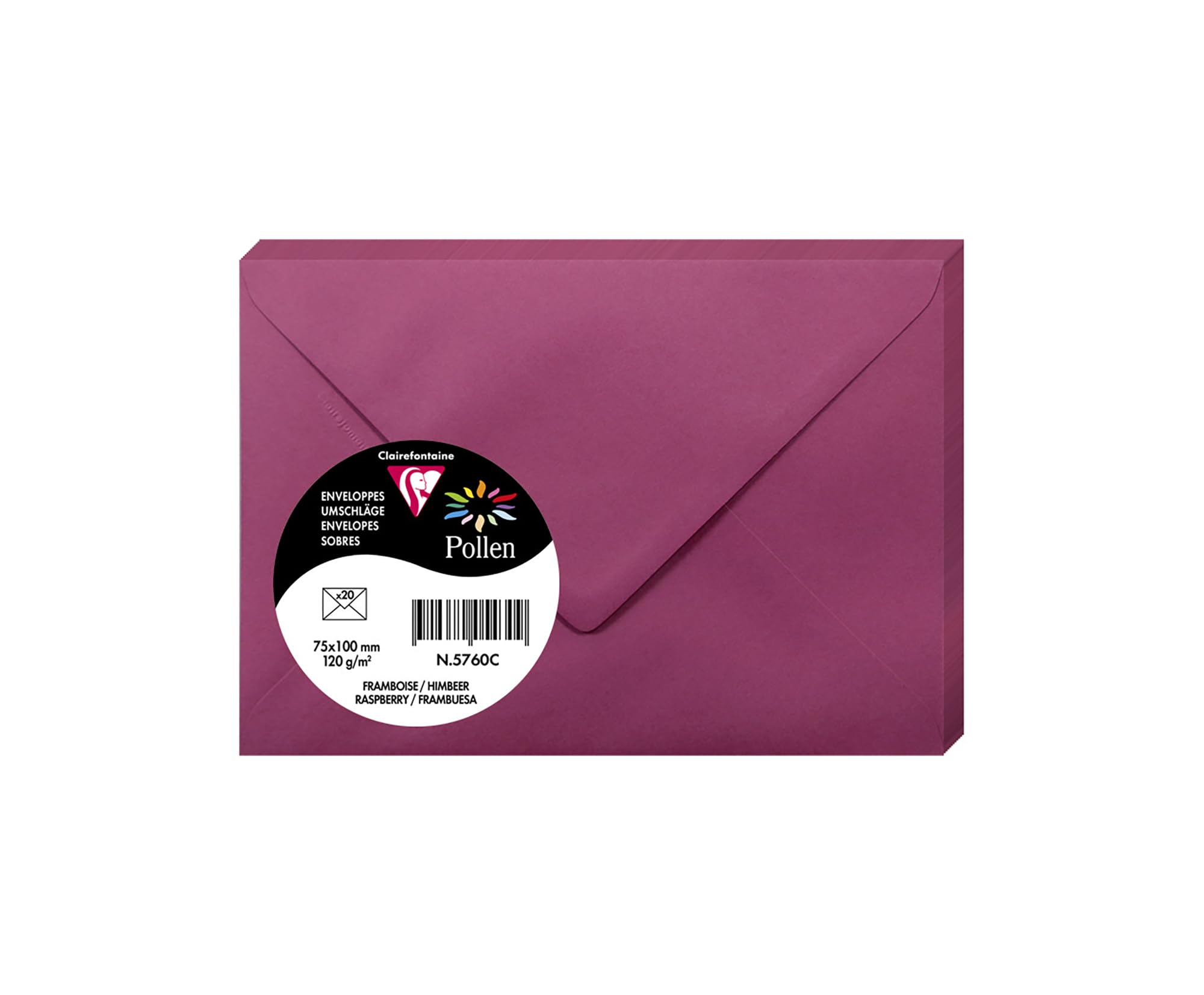Clairefontaine 5760C Pack of 20 Gummed Envelopes Format 7,5x10cm 120g/m² Colour Raspberry Invitation Events Correspondence Range Pollen Premium Smooth Paper