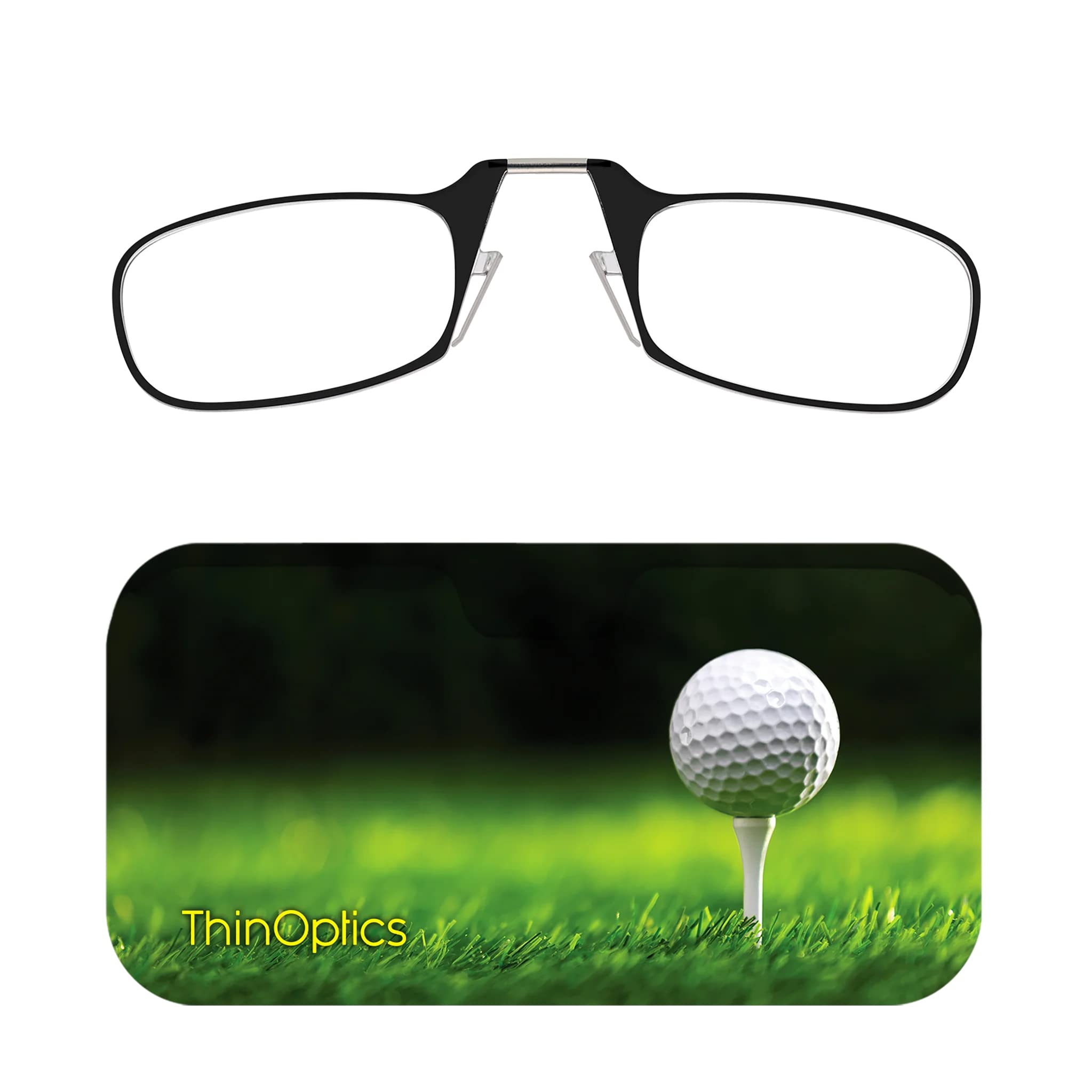 ThinOptics Reading Glasses 2.50 Black Frames with Golf Pattern Universal Pod Compact Case - Ultra-light Foldable Rectangular Glasses - Clip-on Nose - 2.50 Strength with Flex-Fit Technology