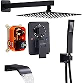 Ameletai 10" Matte Black Shower Faucet Set – Square Rainfall Showerhead + Handheld & Waterfall Spout, Wall-Mounted, Anti‑Clog Silicone – Modern Bathroom Hardware