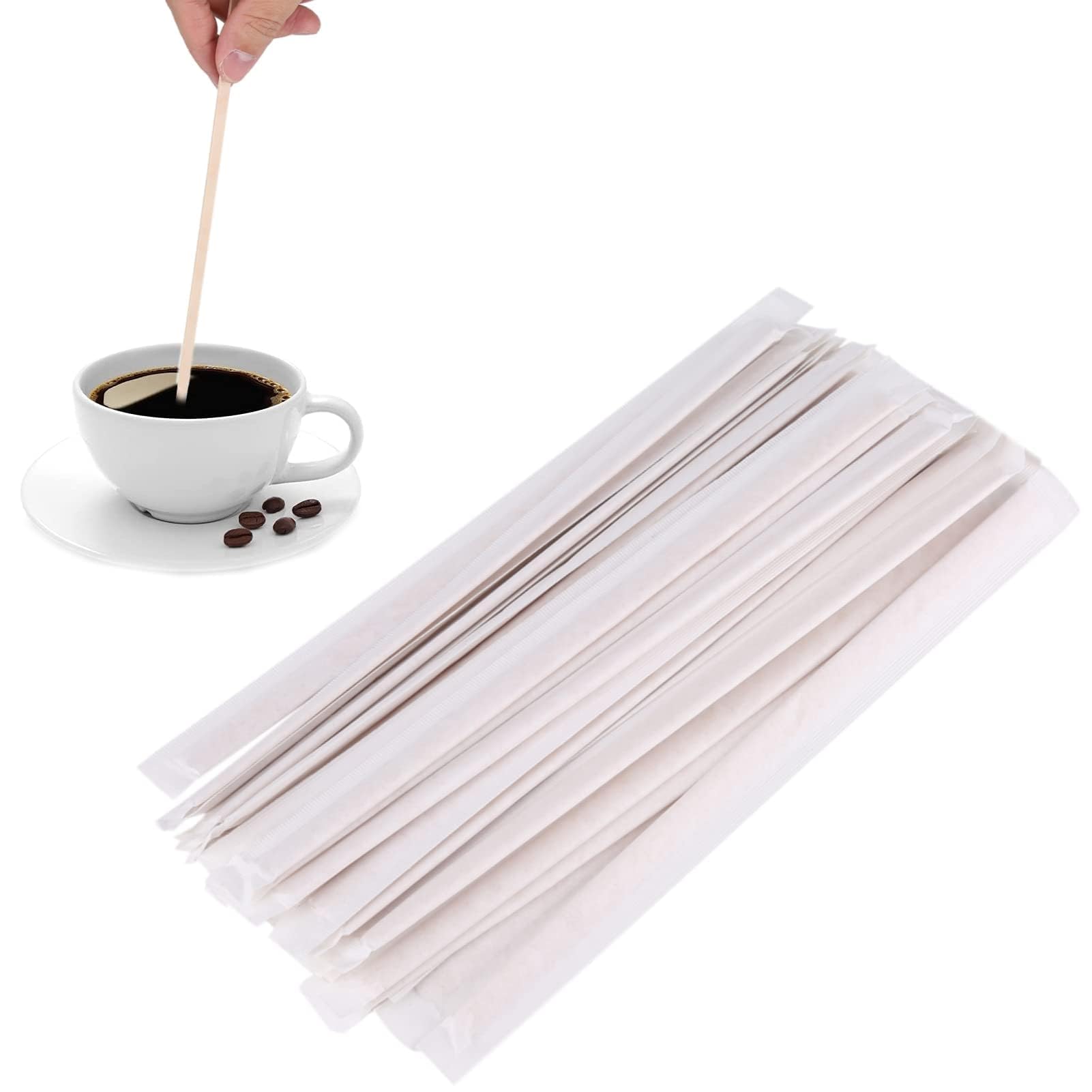Agatige 500PCS Wooden Coffee Stirrers, 19cm/7.48in Coffee Stir Sticks Individually Paper Wrapped Coffee Tea Beverage Stirrers Stirrings Swizzle Drink Sticks Coffee Bar Accessories