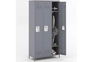 VIYET Metal Lockers for Employees, 3 Door Storage Employee Locker, 72" Storage Lockers with Shelves Steel Cabinet for Home (Gray)