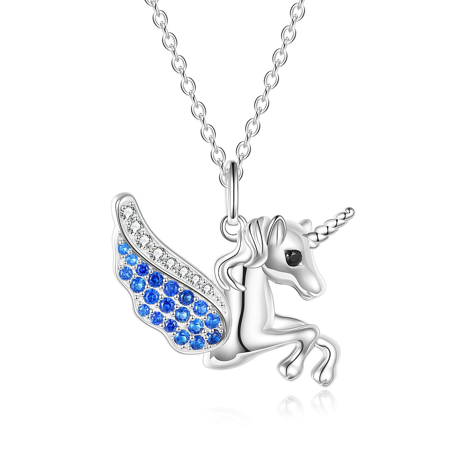 VONALA 925 Sterling Silver Unicorn Necklace with Cubic Zirconia, Unicorn Jewellery Birthday Gifts for Girls Women (Blue)