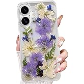 Changjia for iPhone 16 Clear Glitter Floral Case,Cute Pressed Real Flowers Design Bling Sparkly White Floral Soft TPU Silicone Bumper Shockproof Protective Case for Women Girls for iPhone 16 6.1",Blue