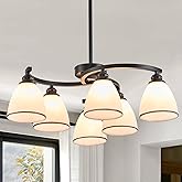 6-Light Modern Chandelier Light Fixture for Dinner Room, Matte Black Hanging Lamp with Frosted Milk White Glass Lampshade, Ad