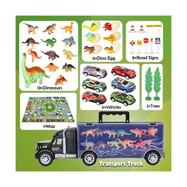 Vanplay-Dinosaur-Truck-Toy-Car-Transporter-Carrier-Set-include-Dinosaur-Figures-Egg-Mini-Racing-Car-with-Play-Mat-Road-Signs-for-Children-37PCS Vanplay Dinosaur Toys Transporter Truck Toy Include Mini Dinosaur Figures Cars with Play Mat Birthday Easter Gift for…