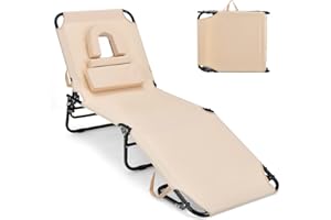 GYMAX Tanning Chair, 350lbs Beach Lounge Chair with Face Hole, Washable Pillow & Carry Strap, Adjustable Folding Chaise Lounge, Layout Lounger for Outside, Patio, Poolside, Lawn (1, Beige)