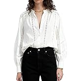 Womens Y2k Lace Patchwork Button Down Shirts Crew Neck Long Sleeve Fall Loose Top Solid Work Office Blouse