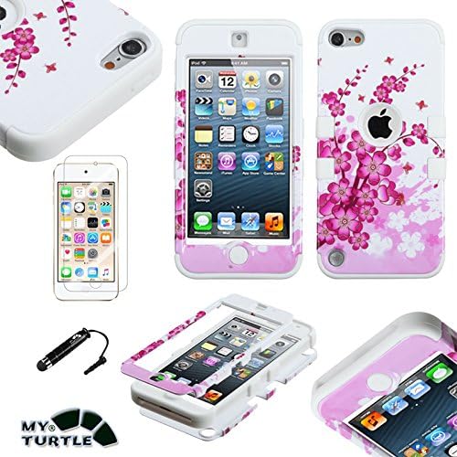 MyTurtle Shockproof Hybrid 3-Layer Hard Silicone Shell Cover with Stylus Pen and Screen Protector for iPod Touch 5th 6th Generation, Spring Flowers