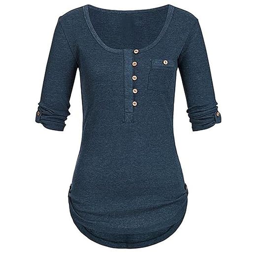 iYmitz Damen Solide Langarm Knopf Bluse Pullover Tops Shirt Mit Taschen