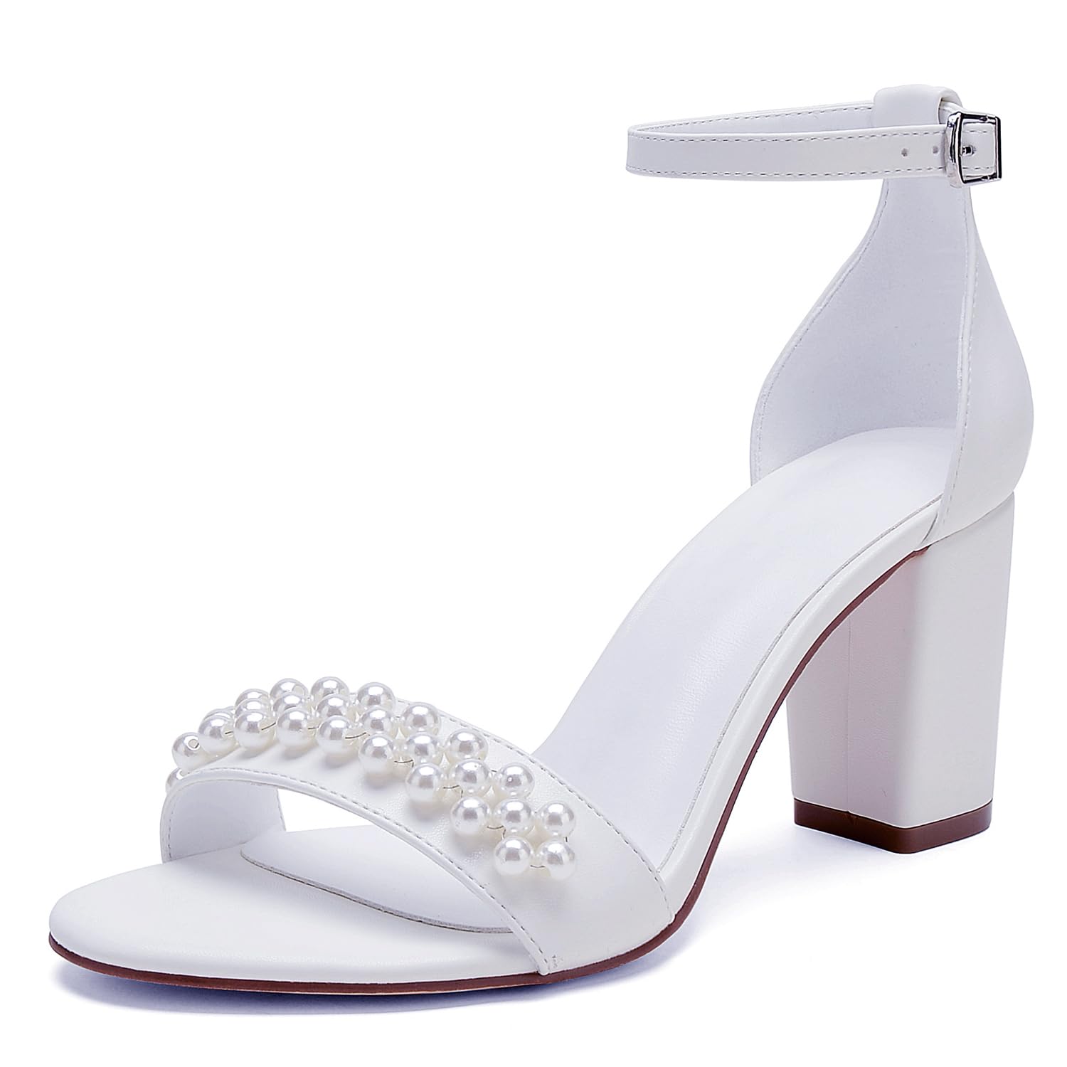 Photo 1 of Open Toe Chunky Block Heels Satin Pearl Wedding Shoes for Bride White High Heels Sandals Bridal Shoes Evening Prom Party Dress Shoes Pumps for Women Size 7