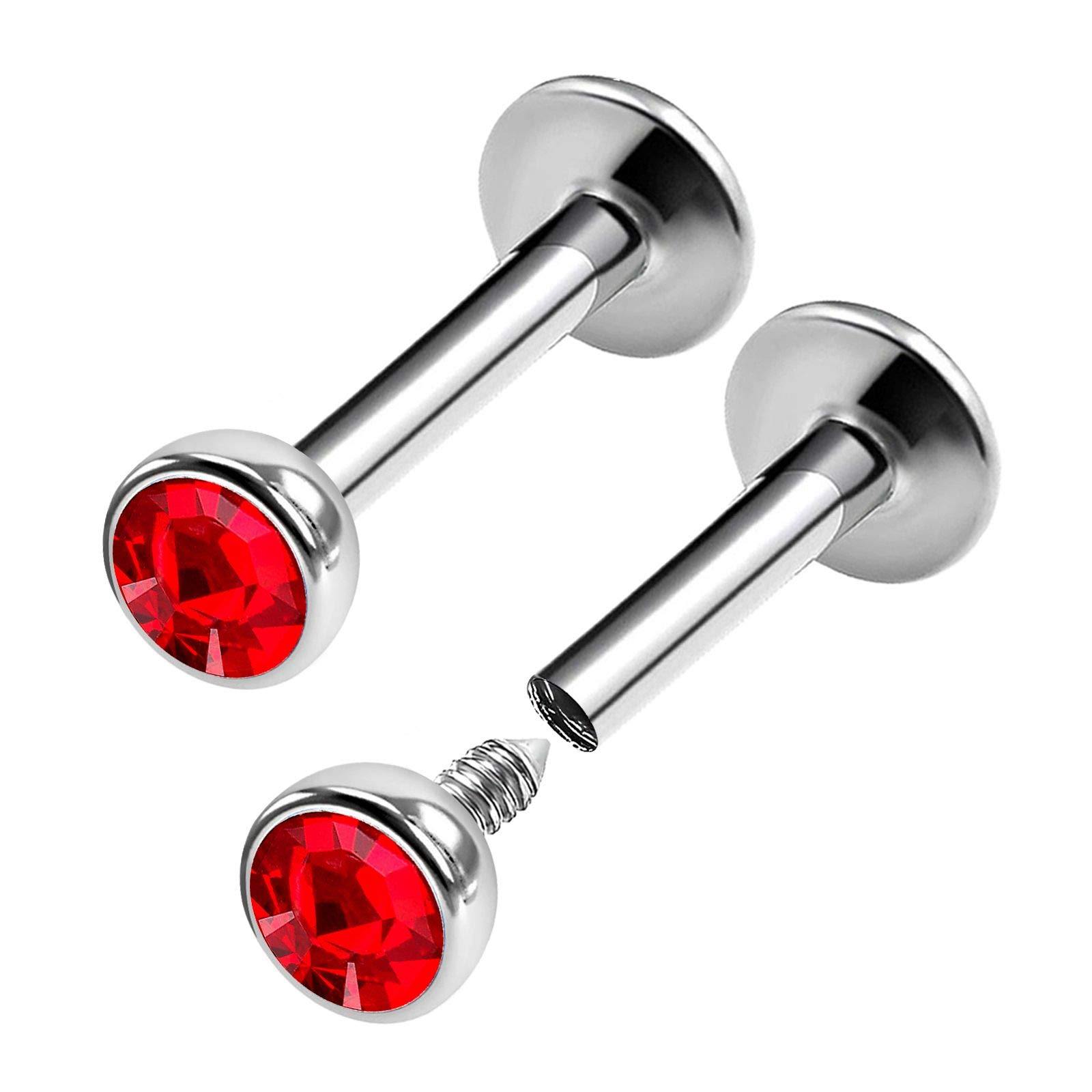 KJM FASHION 2PCS Surgical Steel Internally Threaded Labret 16g 1/4 6mm 3mm Light Siam Crystal Helix Tragus Piercing Jewellery 0277