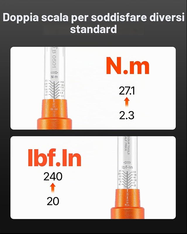 Set di Chiavi Dinamometriche Clic, 20-240 lbf-in e 2,3-27,1 N.m Chiave Dinamometrica a Scatto, Bidirezionali e Bilance a Doppia Portata, 72 Denti, con Adattatori, Barra di Prolunga, Arancione