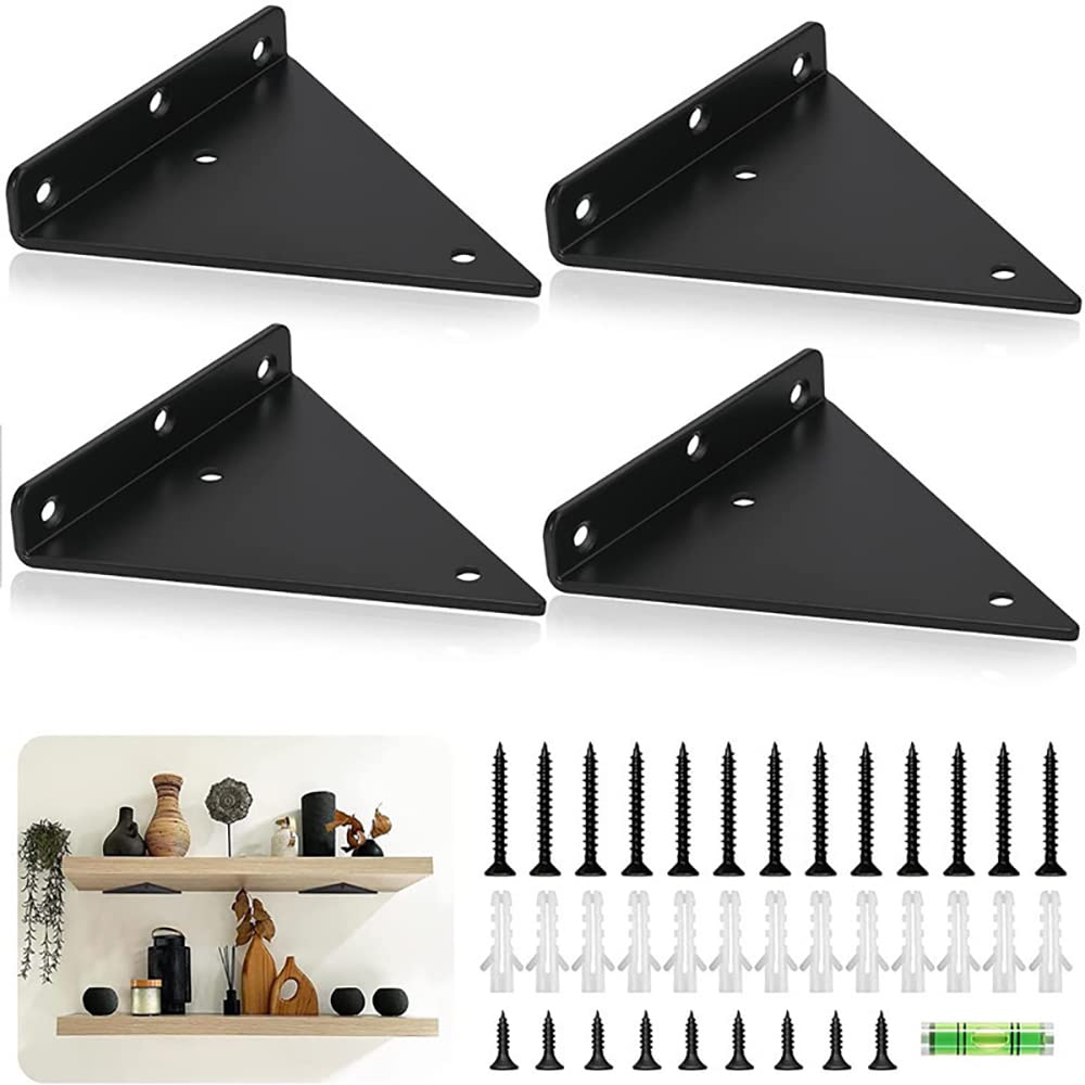 Dproptel 4 Pack Triangle Shelf Brackets 6 Inch Heavy Duty Shelf Support,Decorative Wall Mounted Wood Brackets Shelf Supports-Hidden Brackets for Floating Wood Shelves Storage (Black)