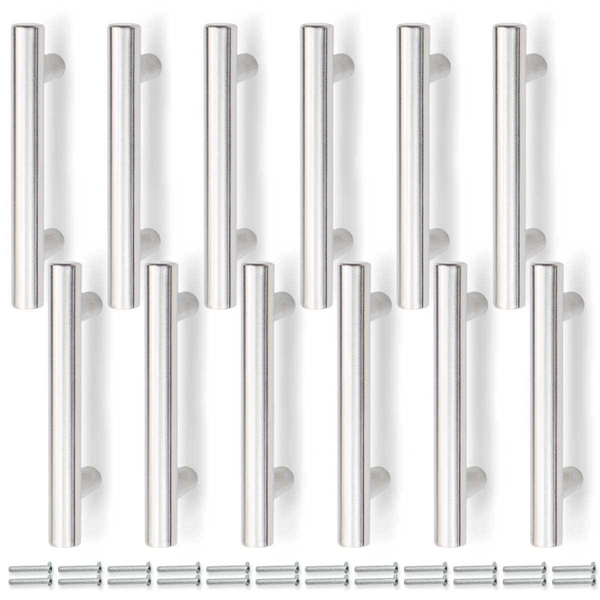 Bwintech 12 Pcs 100MM (64MM Hole Center) Satin Nickel Cabinet Pull Handles Kitchen T Bar Handles, Stainless Steel, Ideal for Cabinet, Drawer, Cupboard — image 1