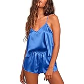 Ekouaer Silk Pajamas for Women Satin Cami Pjs Set V Neck Camisole Shorts Set Adjustable Strap Sleepwear