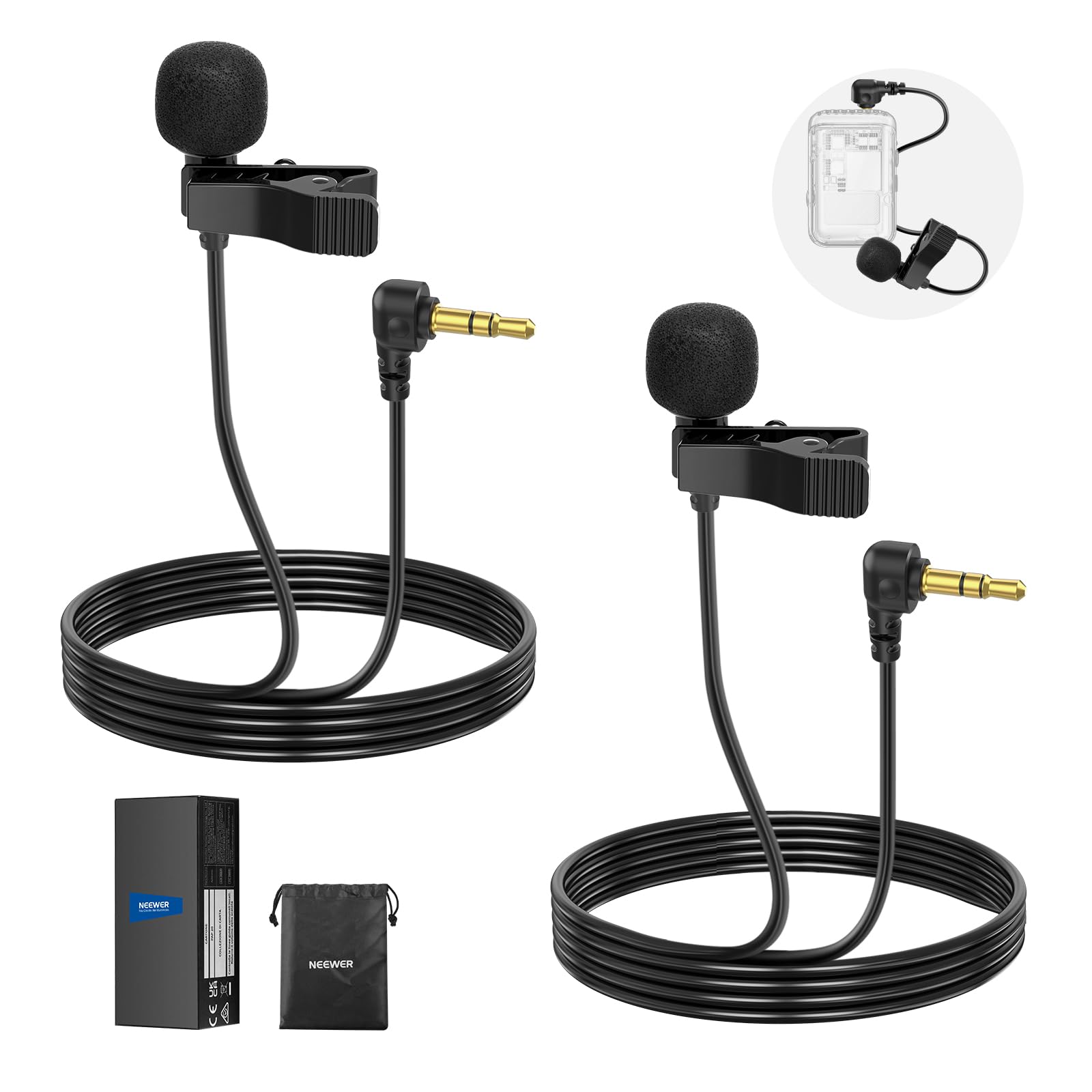 NEEWER Mini Lavalier Microphone (2 Pack), 6.6ft/2m Clip On Wired Condenser Lapel Mic with 3.5mm TRS Plug, Compatible with DJI Mic 2, Rode Wireless Go II, NEEWER CM28 CM31 Camera, LM5