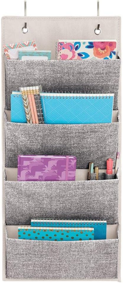 mDesign Soft Fabric Wall Mount, Over Door Hanging Storage Organizer - 4 Large Cascading Pockets - Holds Office Supplies, Planners, File Folders, Notebooks - Textured Print - Charcoal Gray : Office Products