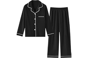 Umeyda Boys Cotton Pajamas Set Kids Soft Long Sleeve Top and Pants Sleepwear 2 Pcs Button-Up Comfy Pjs Set for Ages 4-12
